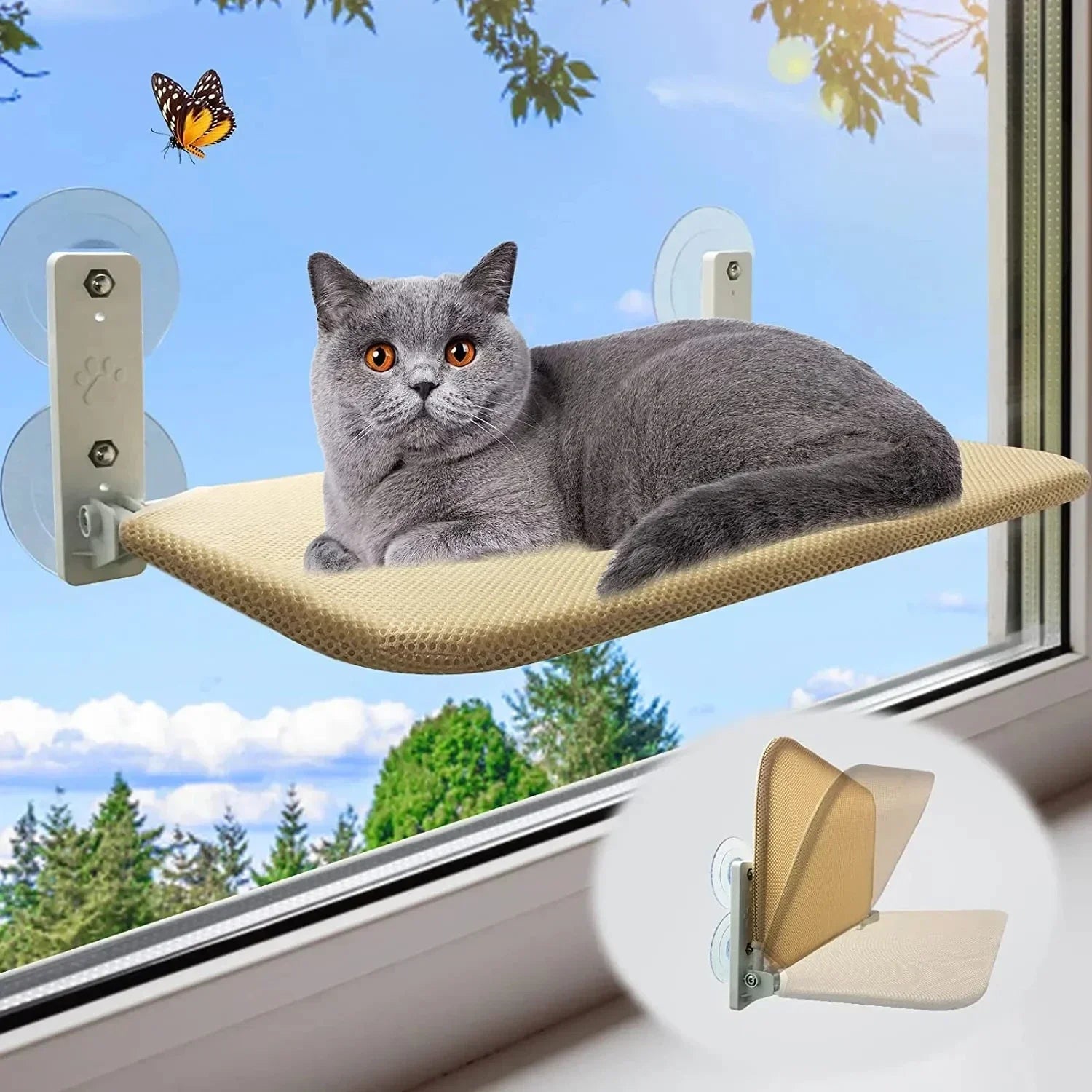 Foldable Cat Hammock for Windows Breathable Cloth Holds 25 lbs 4 Suction Cups