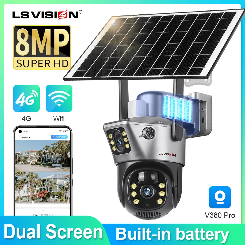 Outdoor Solar Camera with 4G SIM, Dual Lens, 8MP, 4K, WiFi, Built-in Battery, PIR Motion Detection - V380