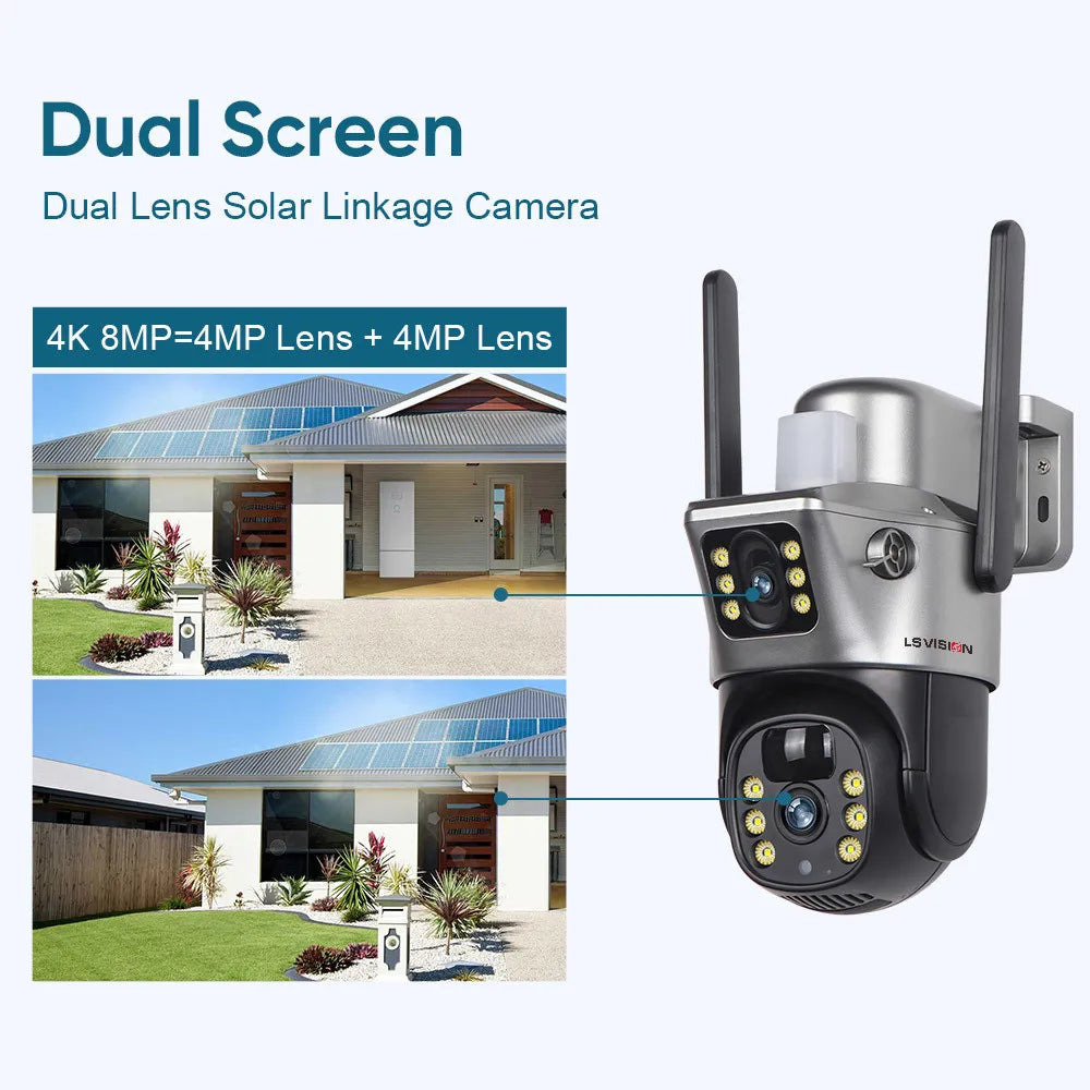 Outdoor Solar Camera with 4G SIM, Dual Lens, 8MP, 4K, WiFi, Built-in Battery, PIR Motion Detection - V380