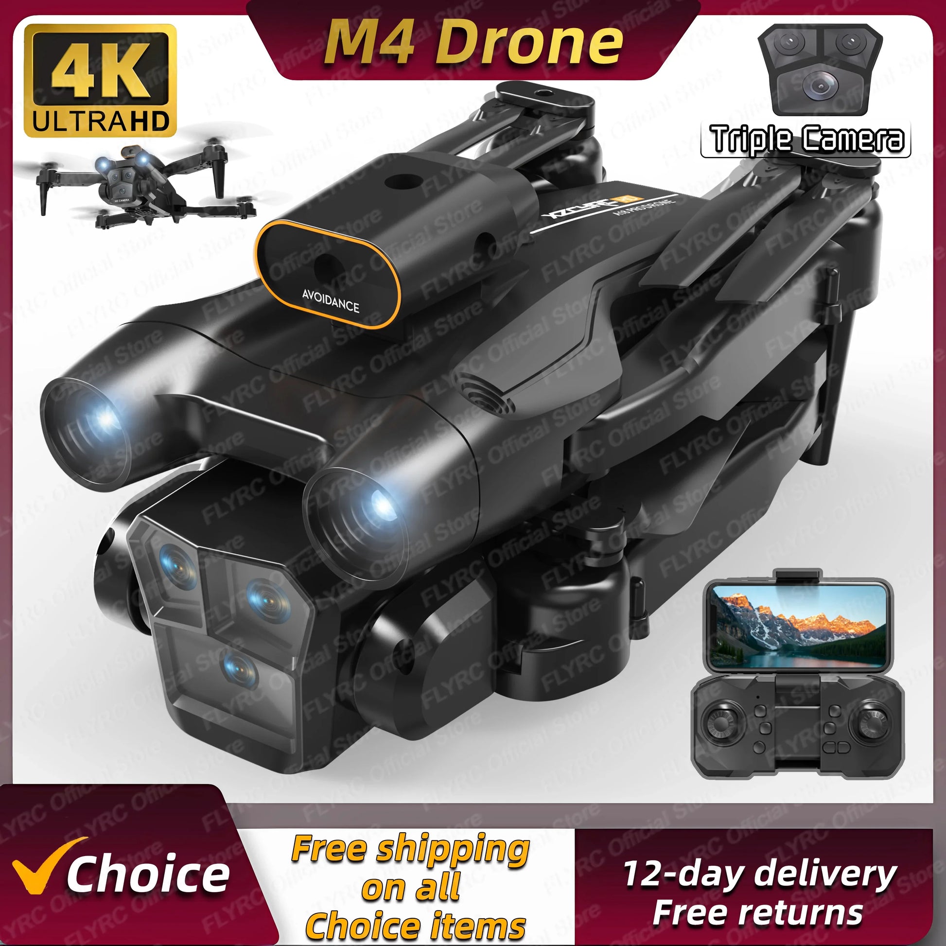 New M4 RC Drone 4K Professinal with Wide Angle Triple HD Camera Foldable RC Helicopter WIFI FPV Height Hold 