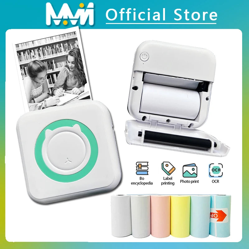 Portable Mini Thermal Printer Wireless BT Photo Label Printing (Works with Sticky or Regular Paper)