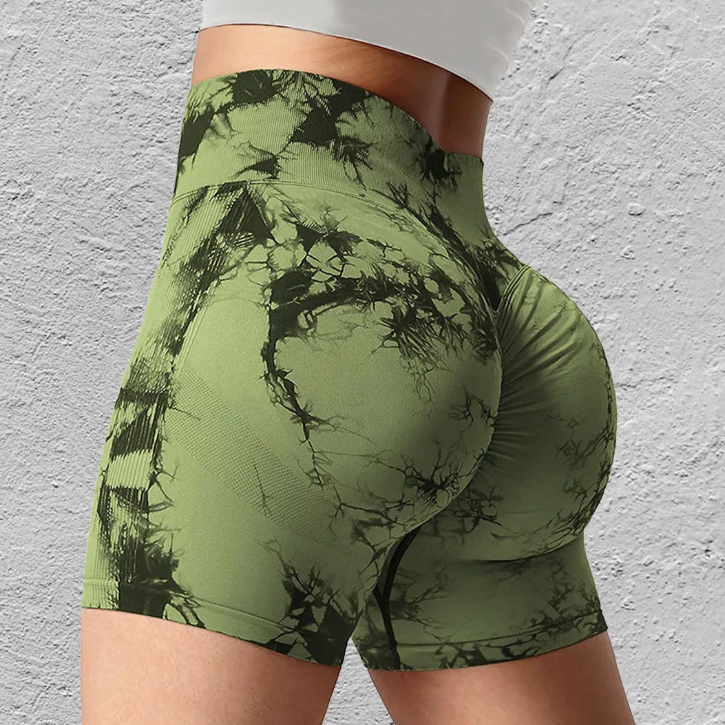 Seamless Tie Dye Sport Shorts for Women Summer Elastic Scrunch High Waist Push up Tummy Control Gym Fitness Workout Yoga Shorts