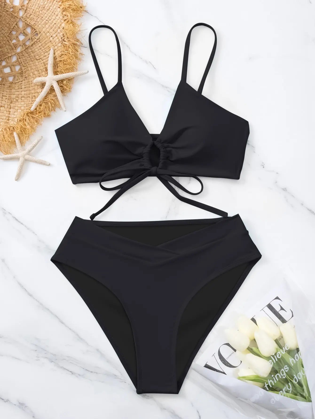 Solid Color Style Bikini Suit Black