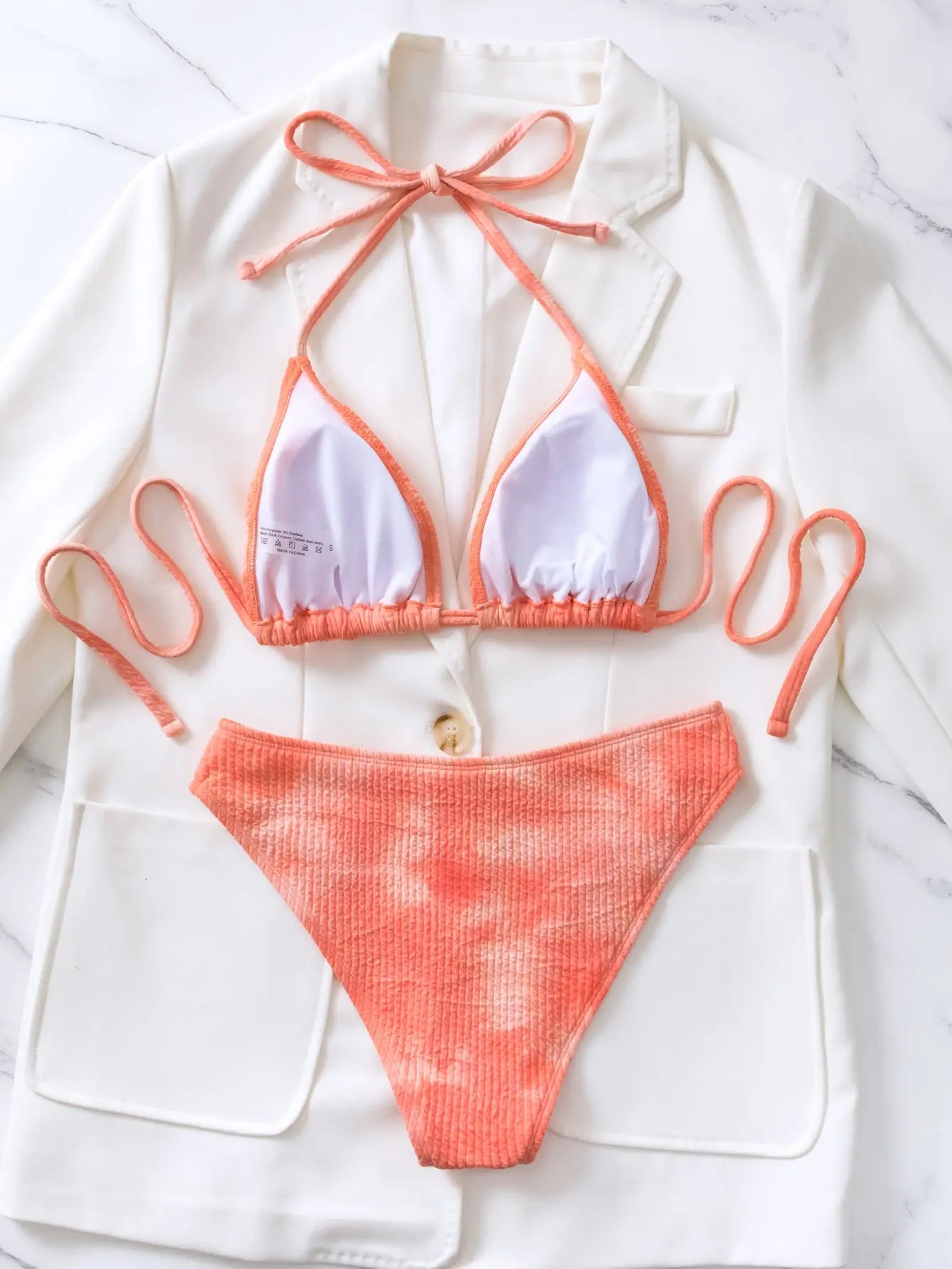 New Pure Color Sexy Hang Neck Back Strap Triangle Cup Low-Waisted Tie-Dye Design Bikini Suit