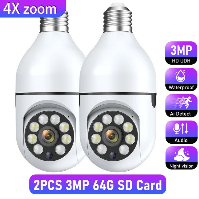 Wifi 3MP E27 Bulb Surveillance Camera Indoor 4X Digital Zoom AI Human Detect Full Color Night Vision Wireless Camera