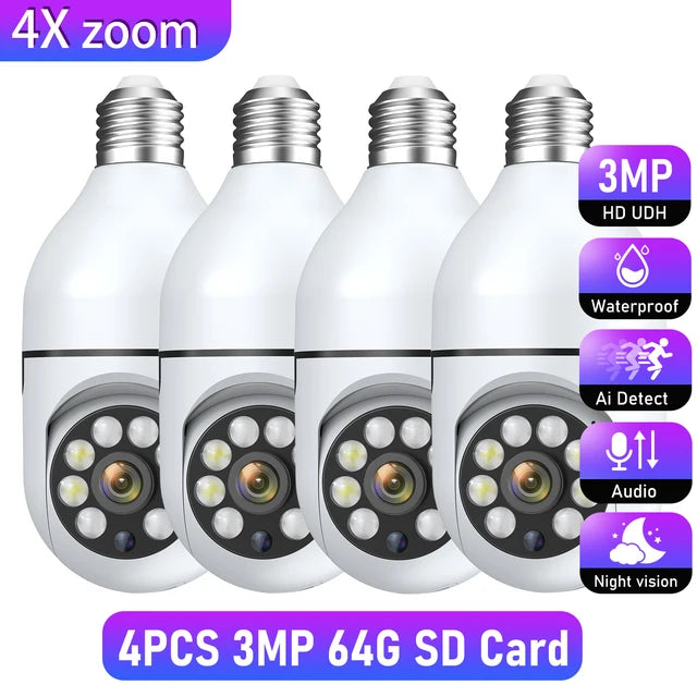 Wifi 3MP E27 Bulb Surveillance Camera Indoor 4X Digital Zoom AI Human Detect Full Color Night Vision Wireless Camera