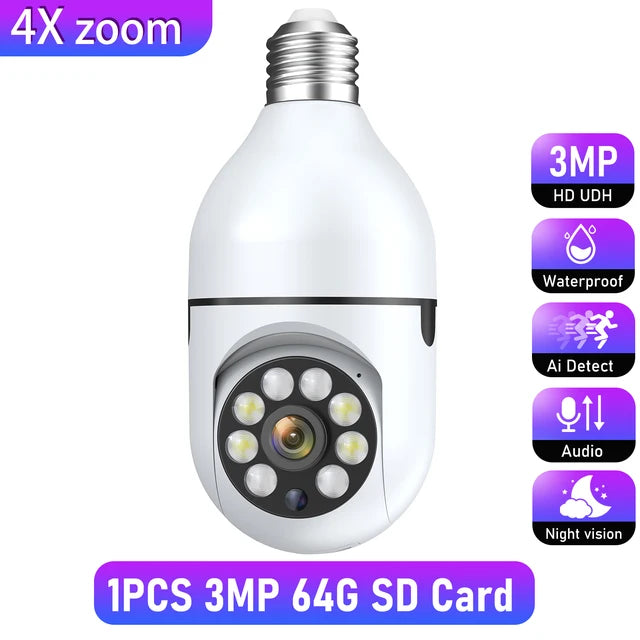 Wifi 3MP E27 Bulb Surveillance Camera Indoor 4X Digital Zoom AI Human Detect Full Color Night Vision Wireless Camera