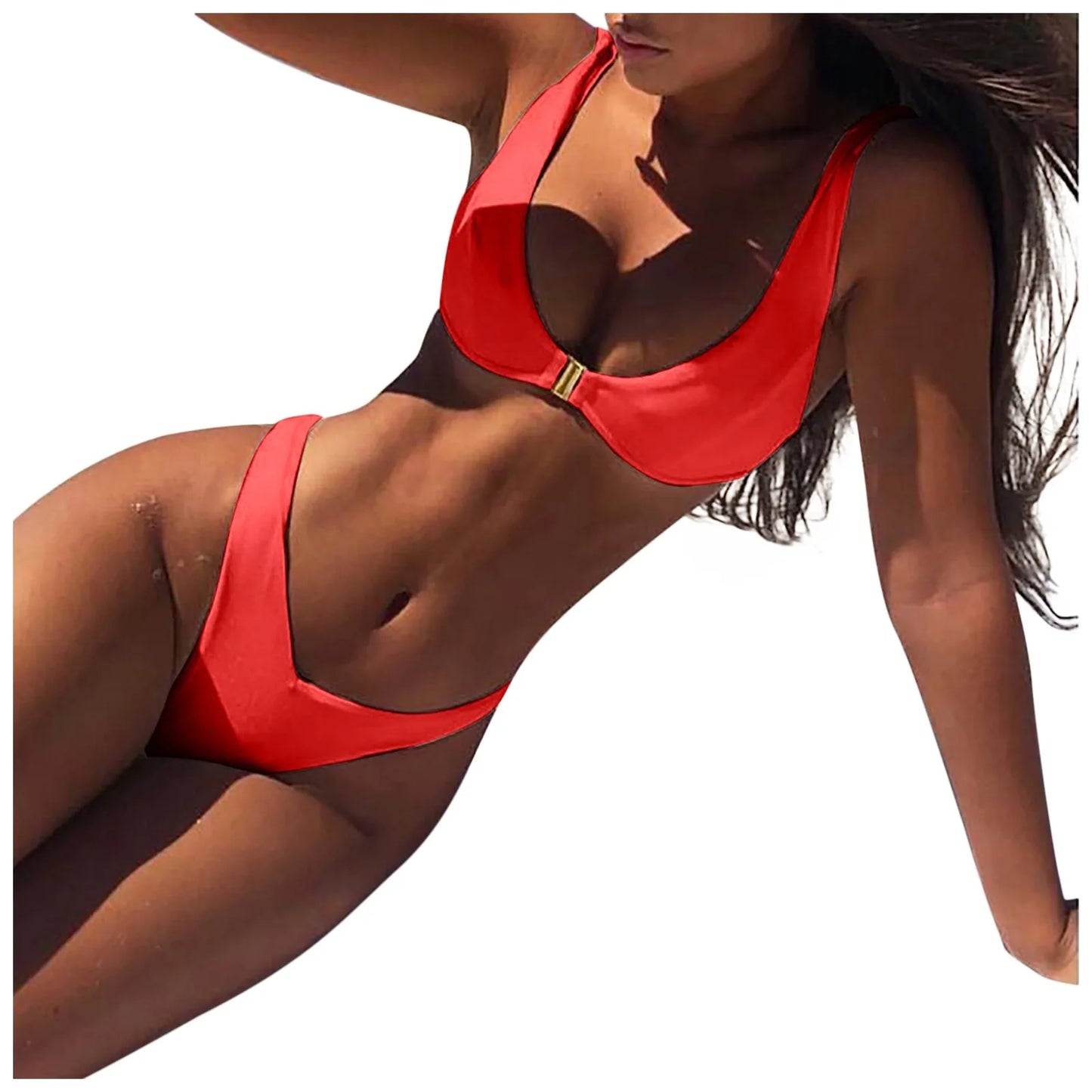 Women's Sexy Fashion Solid Color High Waist Gold Lock Bikini Swimsuit 